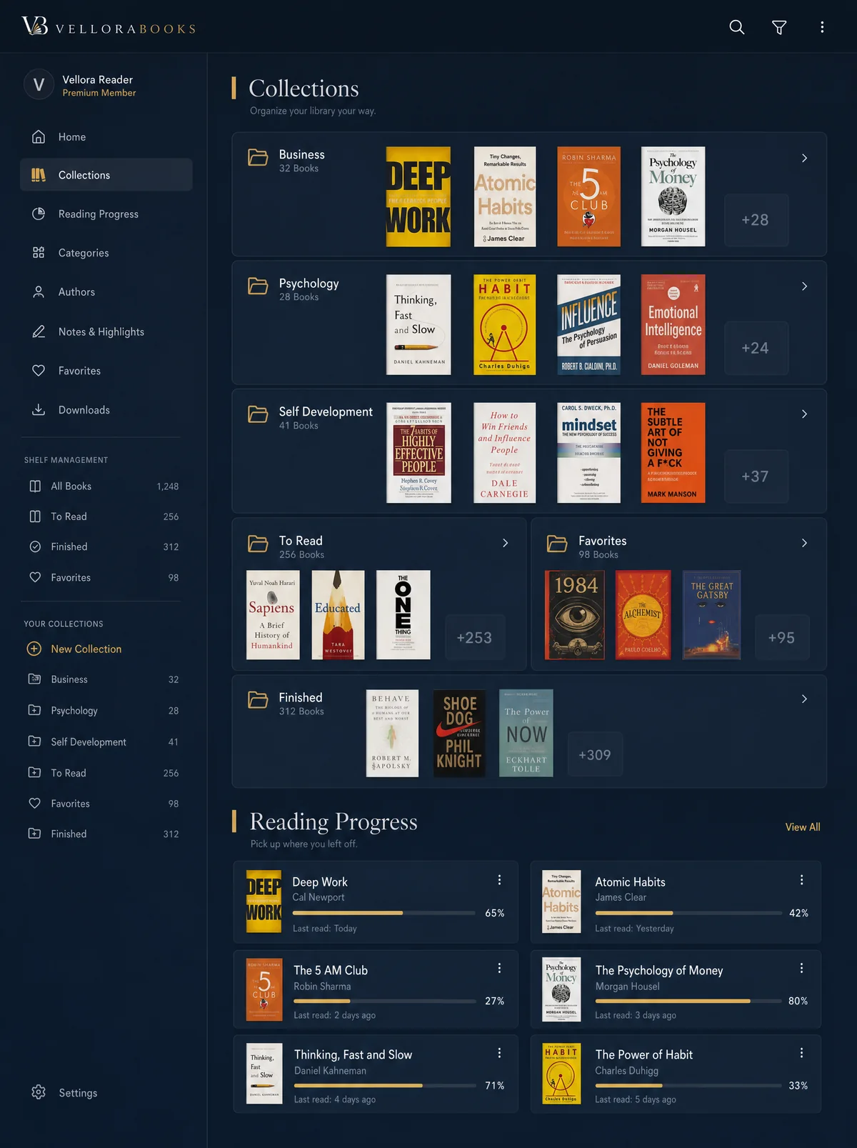 Collections for business, psychology, self development and reading lists.