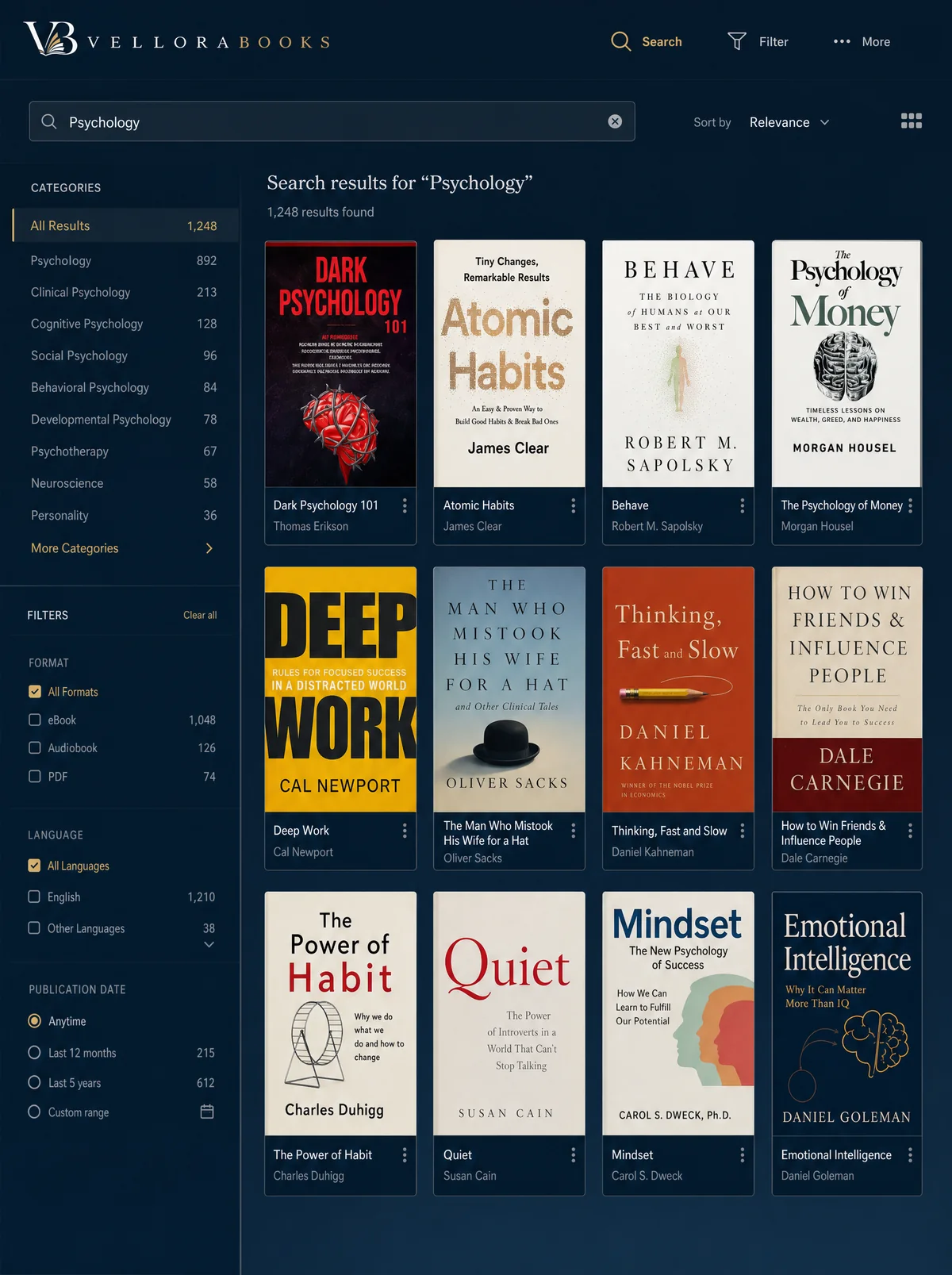 Library search results with subject and format filters, and a grid of books.